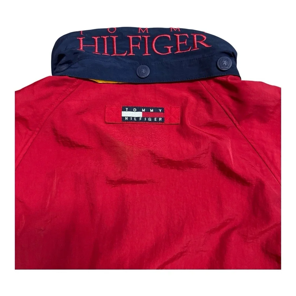 Vtg 90s Tommy Hilfiger Men's Med Jacket Spellout Red Logo Sailing Full Zip Hood